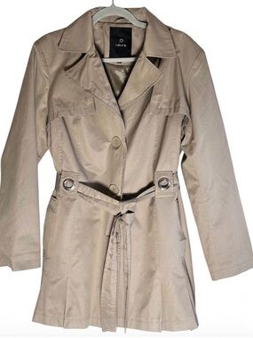 Laura Tan Belted Trench Coat Pleated Hem Grommet Sz 14